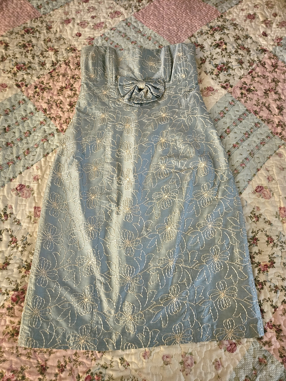 Light Blue Floral Brocade Strapless Dress